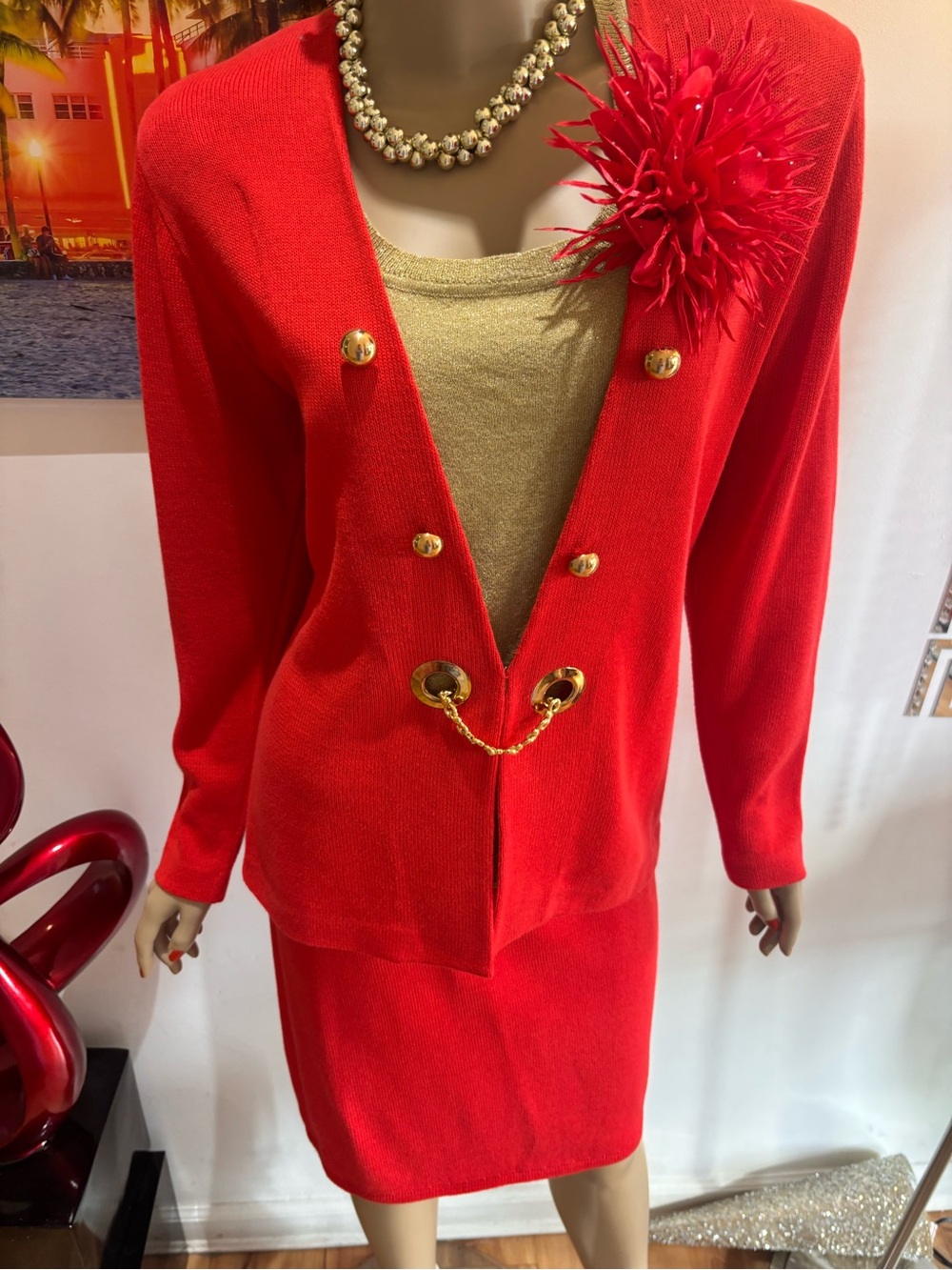 St. John Red Skirt Suit  Gold Chain tank top 3 piece 8 M embellished jacket